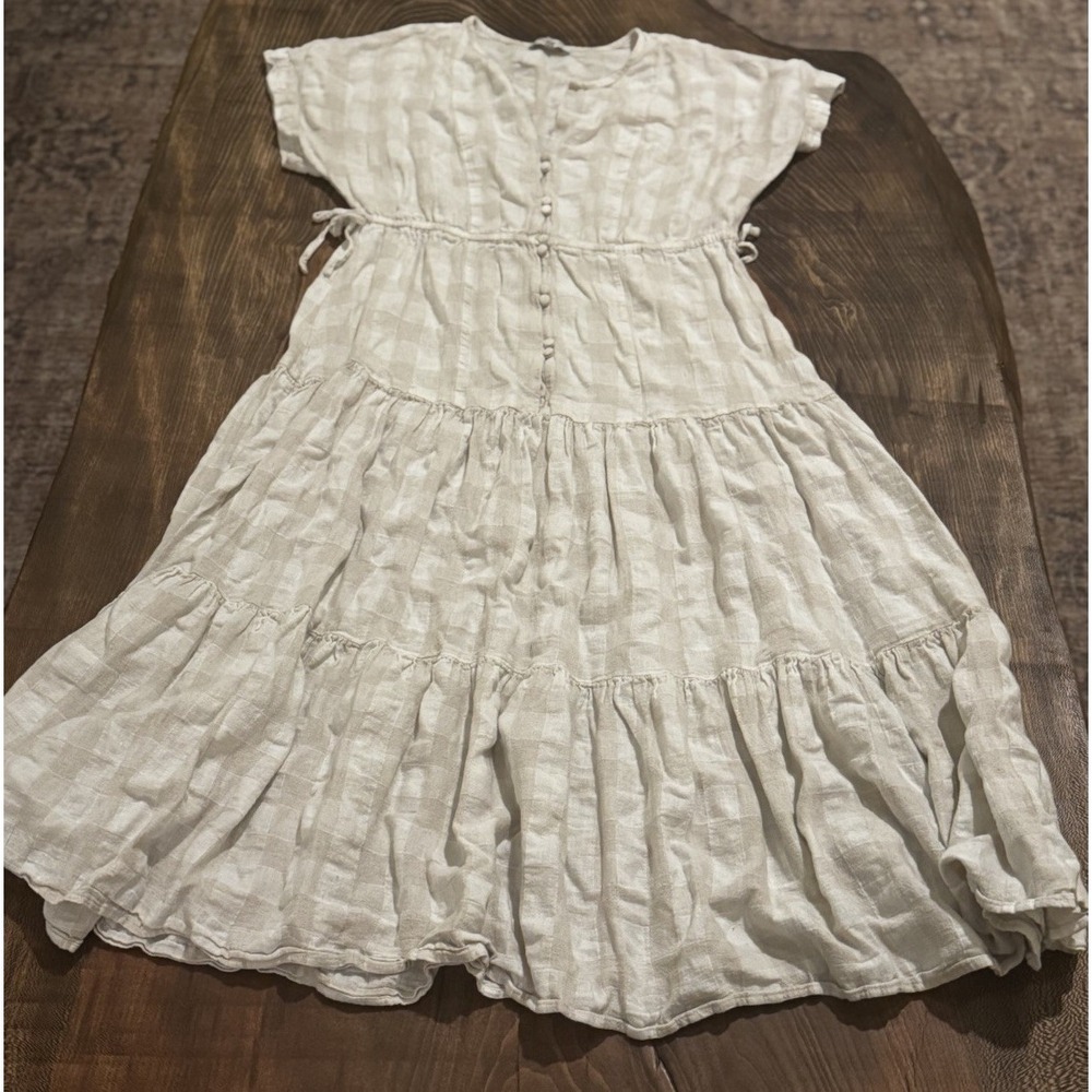 Madewell Cream Gingham Tiered Linen Midi Dress w/h Button Front Design Small